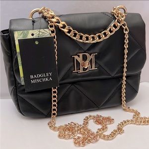 NWT Badgley Mischka Black and Gold Quilted Vegan Leather Crossbody Hand Bag My